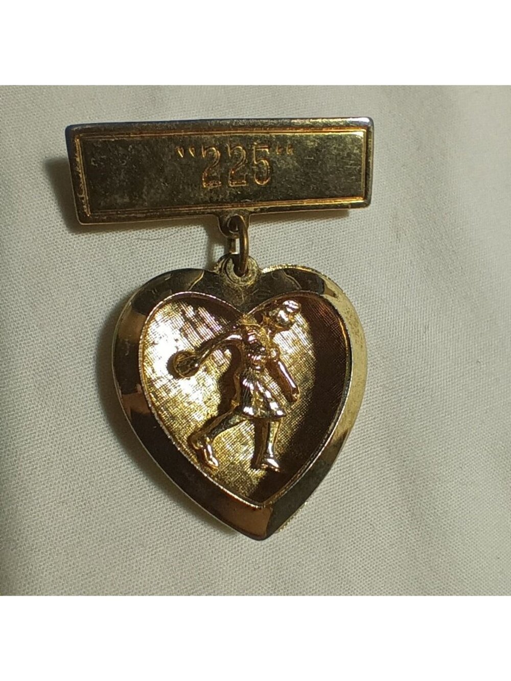 Vintage Lapel Pin Lady Bowler Heart Shaped Gold With Engraved "225" Design